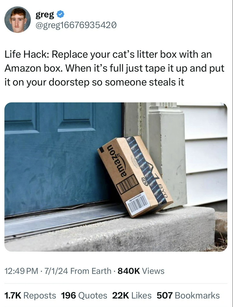 Amazon.com - greg Life Hack Replace your cat's litter box with an Amazon box. When it's full just tape it up and put it on your doorstep so someone steals it amazon 7124 From Earth Views Reposts 196 Quotes 22K 507 Bookmarks